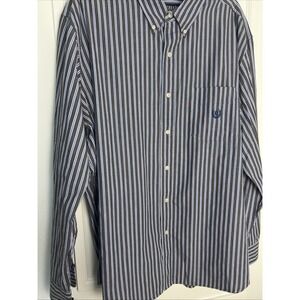 Chaps Easy Care Long Sleeve Brown, Blue White Striped Button Pocket Shirt Sz XXL